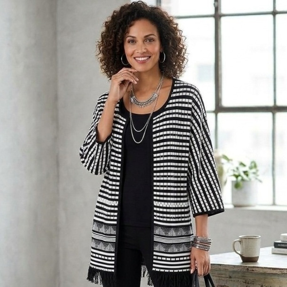 Chico's Cardigan Sweater Women Medium Black White Geometric Fringe Open Front